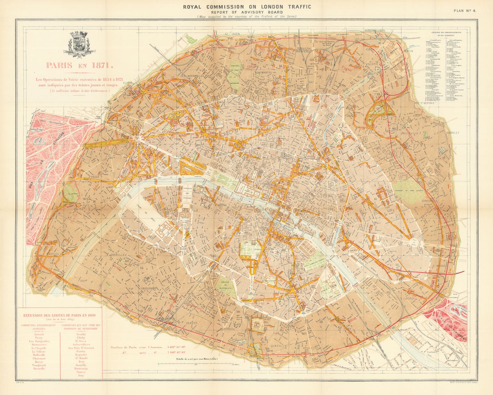 Paris showing 1854-1871 Haussmann boulevard renovations/realignments 1905 map